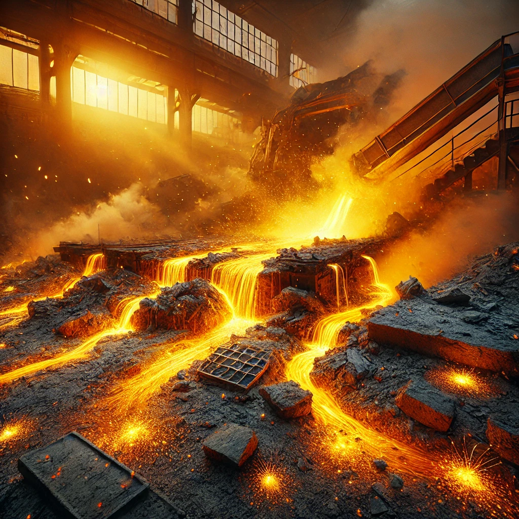 DALL·E 2024 06 21 19.42.52   Create a detailed, close up image capturing the ground during the tapping of a blast furnace in the Ruhr area, Germany, in 1984. The scene features in